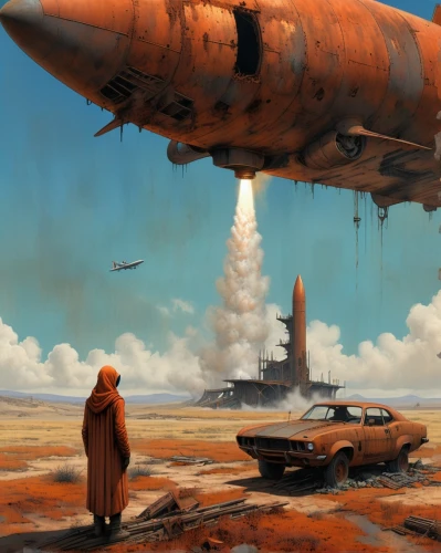 airships,airship,atomic age,sci fiction illustration,futuristic landscape,dune 45,air ship,post-apocalyptic landscape,valerian,zeppelins,red planet,science fiction,mission to mars,wasteland,dune,sci fi,rust-orange,scifi,atomic bomb,science-fiction,Conceptual Art,Daily,Daily 35
