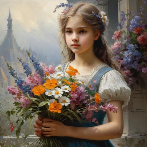 girl in flowers,girl picking flowers,holding flowers,beautiful girl with flowers,flower girl,splendor of flowers,with a bouquet of flowers,emile vernon,bouquet of flowers,girl in the garden,wreath of flowers,romantic portrait,flower bouquet,picking flowers,mystical portrait of a girl,bouguereau,everlasting flowers,flower painting,flower delivery,girl in a wreath,Conceptual Art,Fantasy,Fantasy 12