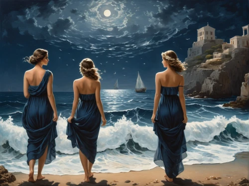 the three graces,the night of kupala,shades of blue,blue waters,sea night,celtic woman,blue sea,moonlit night,world digital painting,blue moon,fantasy picture,blue water,fantasy art,sea-shore,exploration of the sea,oil painting on canvas,beach moonflower,mermaids,sirens,by the sea,Art,Classical Oil Painting,Classical Oil Painting 02