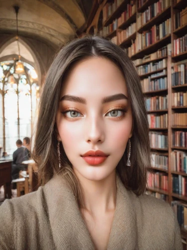 librarian,realdoll,fantasy portrait,girl in a historic way,natural cosmetic,girl studying,doll's facial features,bookworm,mystical portrait of a girl,asian vision,3d fantasy,cgi,ai,library book,romantic portrait,scholar,female doll,bookstore,women's eyes,professor,Photography,Realistic