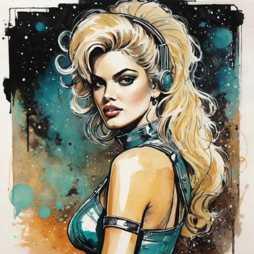 watercolor pin up,femme fatale,callisto,elsa,harley,rockabella,star drawing,birds of prey-night,retro woman,catwoman,pin ups,merilyn monroe,toni,the enchantress,retro women,marilyn,fantasy woman,andromeda,madonna,poison,Illustration,Realistic Fantasy,Realistic Fantasy 23