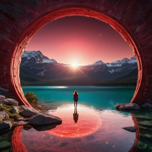 stargate,porthole,portals,window to the world,magic mirror,photomanipulation,fantasy picture,photo manipulation,heaven gate,world digital painting,mirror of souls,wishing well,creative background,door to hell,landscape background,landscape red,3d background,life is a circle,incredible sunset over the lake,ring of fire