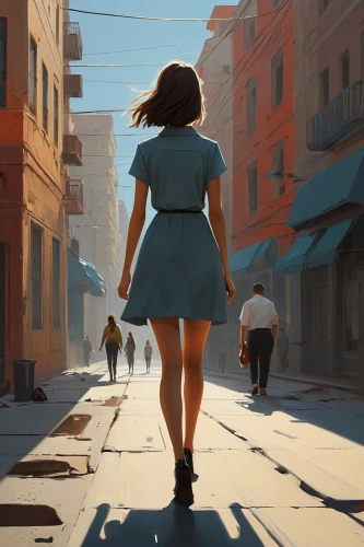 girl walking away,woman walking,pedestrian,stroll,a pedestrian,walk,walking,world digital painting,little girl in wind,digital painting,studio ghibli,strolling,little girls walking,sidewalk,alley,alleyway,little girl running,people walking,summer evening,a girl in a dress,Conceptual Art,Sci-Fi,Sci-Fi 07