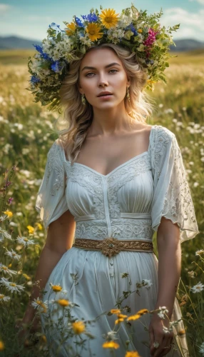 jessamine,girl in flowers,country dress,beautiful girl with flowers,spring crown,flower crown,flower girl,blooming wreath,celtic woman,wreath of flowers,sun bride,girl in a wreath,floral wreath,meadow flowers,wildflowers,romantic portrait,wild flowers,springtime background,woman of straw,wildflower,Photography,General,Realistic