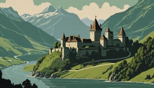 hogwarts,travel poster,fairy tale castle,castles,neuschwanstein,fairytale castle,castle,knight's castle,castel,rhine,rhine river,thun,castle of the corvin,high alps,medieval castle,lake lucerne region,neuschwanstein castle,cochem castle,the alps,eastern switzerland,Illustration,Japanese style,Japanese Style 08