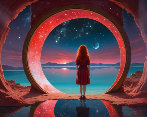 stargate,magic mirror,inner space,dream world,astral traveler,dreams catcher,imagination,portals,mirror of souls,fantasy picture,sci fiction illustration,cosmos,porthole,the universe,wormhole,life is a circle,parallel worlds,world digital painting,celestial body,circle,Illustration,Realistic Fantasy,Realistic Fantasy 24