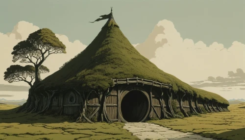 straw hut,iron age hut,thatch roof,thatched cottage,thatched roof,thatching,round hut,witch's house,hobbiton,hobbit,jrr tolkien,ancient house,knight tent,thatch,studio ghibli,huts,grass roof,round house,home landscape,wigwam,Illustration,Japanese style,Japanese Style 08