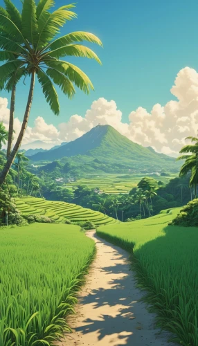 landscape background,cartoon video game background,an island far away landscape,yamada's rice fields,pineapple fields,palm pasture,studio ghibli,tropics,pineapple field,rice fields,palm forest,french digital background,coconut trees,isle,the rice field,ricefield,background images,palmtrees,fiji,hawaii,Photography,General,Realistic