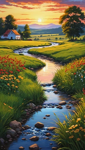 meadow landscape,river landscape,rural landscape,salt meadow landscape,landscape background,home landscape,farm landscape,brook landscape,nature landscape,flowing creek,summer cottage,coastal landscape,beautiful landscape,painting technique,landscape nature,dutch landscape,idyllic,oil painting on canvas,meadow in pastel,landscape,Photography,General,Realistic