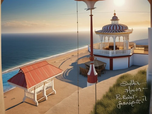 lifeguard tower,bandstand,book cover,weathervane design,lookout tower,cover,old point loma lighthouse,electric lighthouse,aerial view umbrella,scripps pier,santa monica pier,santa monica,mobile sundial,seaside resort,pigeon point,travel poster,travel trailer poster,lighthouse,rubjerg knude lighthouse,magazine cover,Photography,General,Realistic