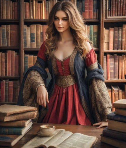librarian,bookworm,red coat,scholar,reading,book antique,girl studying,red tunic,library book,book,books,old books,tutor,open book,bookstore,academic dress,red riding hood,romantic look,author,girl in a historic way,Photography,Realistic