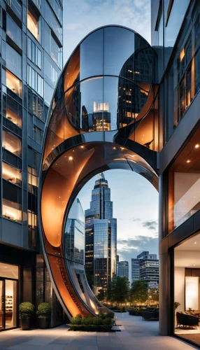 futuristic architecture,semi circle arch,modern architecture,helix,glass facade,penthouse apartment,steel sculpture,jewelry（architecture）,glass building,circular staircase,glass sphere,mixed-use,circle shape frame,glass facades,sky apartment,modern office,corten steel,kirrarchitecture,baku eye,office buildings,Photography,General,Realistic