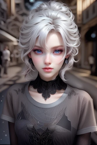 white rose snow queen,eglantine,doll's facial features,female doll,the snow queen,artist doll,painter doll,blanche,porcelain doll,fashion doll,porcelain dolls,3d rendered,3d fantasy,violet head elf,white lady,gradient mesh,pierrot,marionette,silvery,winter rose