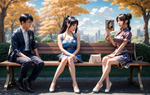 anime japanese clothing,anime 3d,four seasons,park bench,outdoor bench,anime cartoon,4 seasons,perfume,parallel world,anime,virtual world,cluster-lilies,the three magi,bench,trio,3d fantasy,lily family,other world,fantasy picture,one autumn afternoon