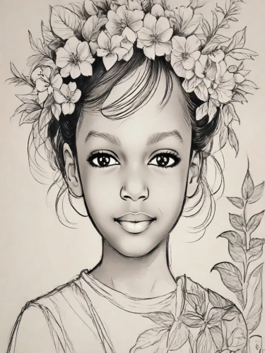 girl in a wreath,girl in flowers,child portrait,girl drawing,flower girl,flower drawing,girl portrait,polynesian girl,pencil drawing,pencil drawings,coloring page,flower crown,floral wreath,coloring picture,flower painting,beautiful girl with flowers,kids illustration,rose flower illustration,graphite,girl picking flowers,Digital Art,Ink Drawing