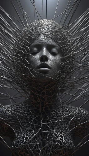 biomechanical,wire sculpture,wireframe,cybernetics,humanoid,neural pathways,apophysis,head woman,veil,wireframe graphics,acupuncture,wire entanglement,meridians,fractalius,woven,neural network,cocoon,steel sculpture,electro,emergence,Photography,Artistic Photography,Artistic Photography 11