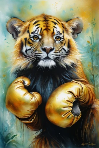 a tiger,chestnut tiger,asian tiger,tiger,bengal tiger,the hand of the boxer,young tiger,tiger png,tigerle,tigers,tiger cub,siberian tiger,boxing gloves,tiger head,royal tiger,amurtiger,oil painting on canvas,big cat,blue tiger,felidae,Conceptual Art,Daily,Daily 32