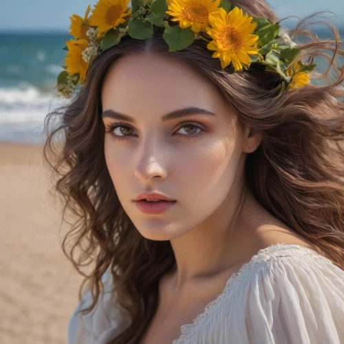beautiful girl with flowers,flower crown,summer crown,seaside daisy,spring crown,flower hat,sea beach-marigold,girl in flowers,flower crown of christ,flower garland,golden flowers,sunflower lace background,floral wreath,romantic look,sand coreopsis,floral garland,sun flowers,summer flower,flower girl,girl in a wreath,Photography,General,Natural