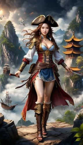 wind warrior,fantasy picture,the sea maid,female warrior,mulan,fantasy art,pirate,world digital painting,yi sun sin,oriental princess,chinese background,east indiaman,heroic fantasy,massively multiplayer online role-playing game,fantasy woman,adventurer,warrior woman,sea fantasy,seafaring,game illustration,Conceptual Art,Fantasy,Fantasy 27