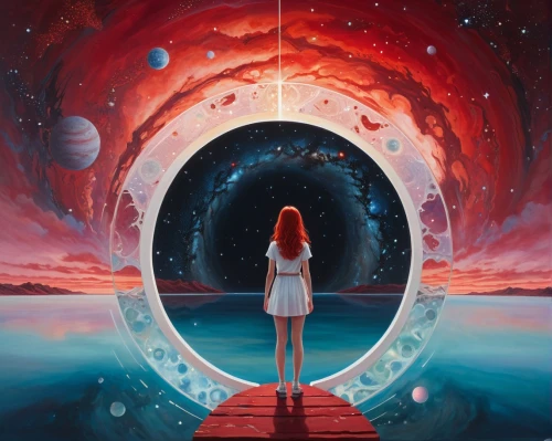 astral traveler,inner space,andromeda,magic mirror,mirror of souls,cosmos,mystical portrait of a girl,fantasia,heliosphere,astronomical,universe,celestial body,space art,the universe,aquarius,astral,dimensional,aura,girl in a long,wormhole,Illustration,Realistic Fantasy,Realistic Fantasy 24