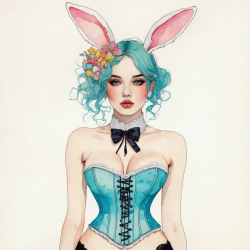 fashion illustration,bunny,deco bunny,watercolor pin up,easter bunny,white rabbit,rabbit ears,gray hare,easter theme,white bunny,rabbit,bunny tail,bunnies,cottontail,eglantine,pin ups,rabbits and hares,little bunny,vanessa (butterfly),pin-up girl,Illustration,Paper based,Paper Based 19