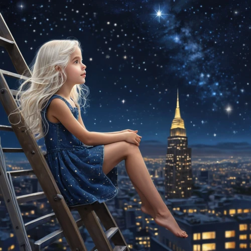 girl on the stairs,fantasy picture,world digital painting,starry sky,falling star,night stars,sci fiction illustration,the girl in nightie,fantasy art,rapunzel,image manipulation,photo manipulation,stargazing,falling stars,children's fairy tale,girl in a long,paris balcony,night scene,starlight,rooftops,Photography,General,Natural