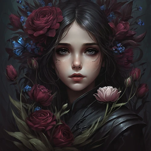 fantasy portrait,girl in flowers,mystical portrait of a girl,noble roses,flora,gothic portrait,black rose,with roses,beautiful girl with flowers,fallen petals,wreath of flowers,bouquet of roses,elven flower,begonias,flower girl,romantic portrait,scent of roses,widow flower,with a bouquet of flowers,petals,Conceptual Art,Fantasy,Fantasy 34