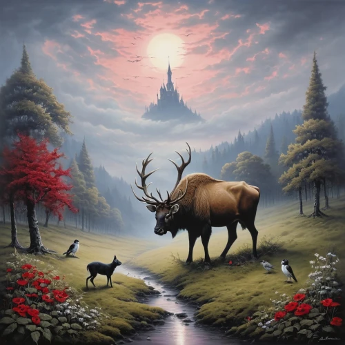 elk,red deer,manchurian stag,fantasy picture,stag,deer illustration,pere davids deer,caribou,forest animals,elk bull,european deer,bull elk on lateral moraine,oxen,hunting scene,horned cows,mountain cows,young-deer,deer,mountain scene,fantasy landscape,Conceptual Art,Fantasy,Fantasy 29