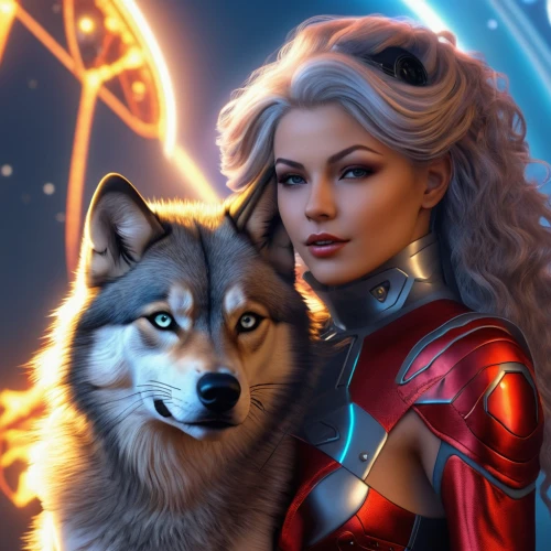 sci fiction illustration,fantasy portrait,fantasy picture,andromeda,constellation wolf,fantasy art,cg artwork,world digital painting,star mother,custom portrait,ursa,symetra,portrait background,two wolves,zodiac sign gemini,fantasy woman,girl with dog,nova,star illustration,gemini,Photography,General,Realistic