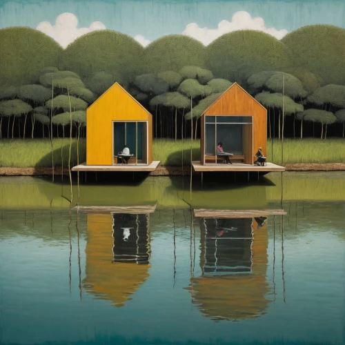 floating huts,stilt houses,inverted cottage,house with lake,houseboat,cube stilt houses,house by the water,boathouse,beach huts,boat house,summer cottage,huts,summer house,boat shed,wooden houses,stilt house,cottage,holiday home,mirror house,houses clipart,Art,Artistic Painting,Artistic Painting 49