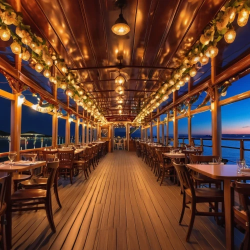 floating restaurant,breakfast on board of the iron,on a yacht,fine dining restaurant,sea fantasy,beach restaurant,riverboat,portuguese galley,cruise ship,wood deck,yacht exterior,new york restaurant,danube cruise,board walk,atlantic grill,outdoor dining,paddlewheel,houseboat,paddle steamer,royal yacht,Photography,General,Realistic
