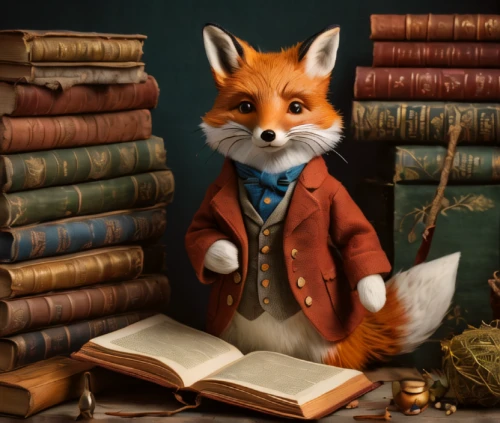 a fox,fox and hare,scholar,tutor,little fox,fox,fox stacked animals,child fox,adorable fox,fox hunting,reading,author,garden-fox tail,cute fox,librarian,anthropomorphized animals,redfox,read a book,books,inspector,Photography,General,Fantasy