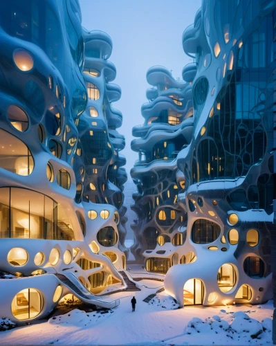 snowhotel,futuristic architecture,futuristic landscape,fantasy city,infinite snow,apartment complex,cube stilt houses,aurora village,snow globes,winter village,apartment block,escher village,fractal environment,snowglobes,3d fantasy,apartment blocks,apartment building,futuristic art museum,igloo,snow globe,Photography,General,Natural