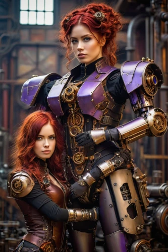 steampunk,steampunk gears,redheads,massively multiplayer online role-playing game,sterntaler,cosplay image,mother and daughter,breastplate,heroic fantasy,angels of the apocalypse,fantasy picture,fantasy art,cuirass,female warrior,photoshop manipulation,strong women,purple and gold,mom and daughter,full hd wallpaper,beautiful girls with katana,Illustration,Realistic Fantasy,Realistic Fantasy 33