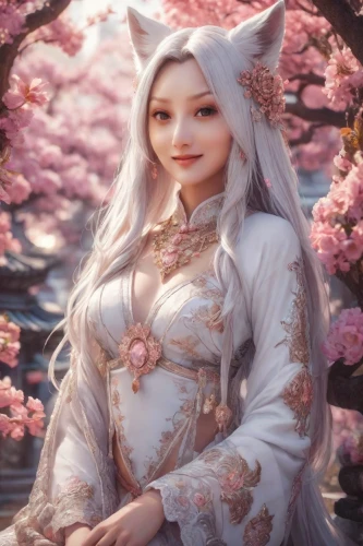 kitsune,ao dai,blossom kitten,sakura blossom,japanese sakura background,oriental princess,white blossom,hanbok,sakura blossoms,kawaii panda,flower cat,spring blossoms,cold cherry blossoms,apricot blossom,the cherry blossoms,asian costume,cherry blossoms,shuanghuan noble,mukimono,spring unicorn,Photography,Realistic