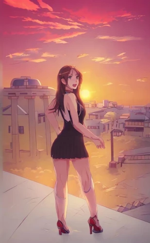 dusk background,rockabella,anime 3d,neo-burlesque,pinup girl,pink dawn,on the roof,pin-up girl,sunset,akko,rooftop,valentine day's pin up,sunset glow,valentine pin up,a girl in a dress,anime cartoon,pin up girl,anime girl,red summer,world digital painting,Common,Common,Japanese Manga