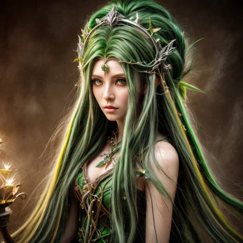 dryad,the enchantress,elven,celtic queen,elven flower,fantasy portrait,fantasy art,faery,medusa,faerie,sorceress,violet head elf,medusa gorgon,elf,fae,fairy queen,priestess,lily of the desert,rusalka,emerald
