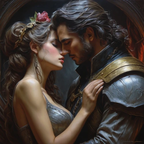 romantic portrait,romance novel,amorous,fantasy art,fantasy portrait,fantasy picture,throughout the game of love,scent of roses,romantic scene,a fairy tale,way of the roses,accolade,lover's grief,young couple,fairy tale,heroic fantasy,gothic portrait,beautiful couple,thymelicus,lovers,Conceptual Art,Fantasy,Fantasy 13