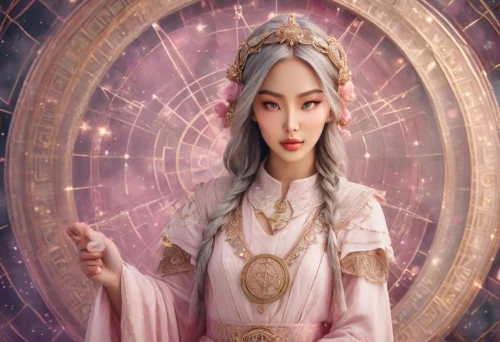 zodiac sign libra,libra,priestess,oriental princess,horoscope libra,star mother,fantasy portrait,sorceress,flower of life,fantasy picture,fortune teller,fortune telling,the prophet mary,ophiuchus,sacred geometry,fantasy art,mystical portrait of a girl,sacred lotus,asian vision,the enchantress,Photography,Realistic