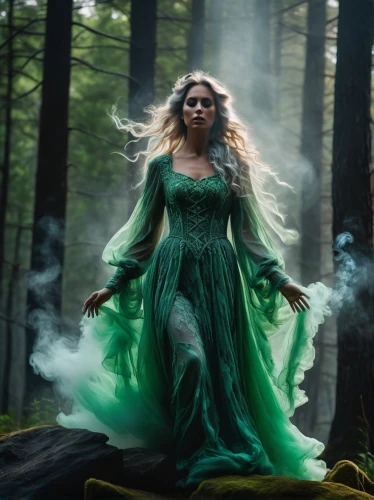 the enchantress,dryad,celtic queen,fairy queen,celtic woman,sorceress,jade,green aurora,faerie,ballerina in the woods,enchanted,tiana,faery,green dress,mother nature,elven,fantasy woman,elven forest,fae,green smoke,Photography,General,Fantasy