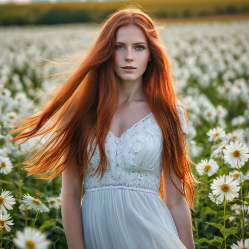 girl in flowers,beautiful girl with flowers,redheads,girl in a long dress,red-haired,orange blossom,red head,redhair,rusalka,redheaded,flower girl,field of flowers,wild flower,flower field,ginger rodgers,girl in white dress,flora,redhead,redhead doll,young woman,Photography,General,Realistic