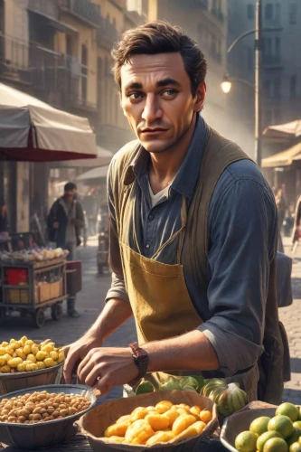 vendor,greengrocer,sicilian cuisine,merchant,men chef,ekmek kadayıfı,pakistani cuisine,chef,shopkeeper,punjabi cuisine,kulcha,vegetable market,adana kebabı,spice souk,street food,market vegetables,peperoncini,mubarak,turkish cuisine,jaffa,Photography,Realistic