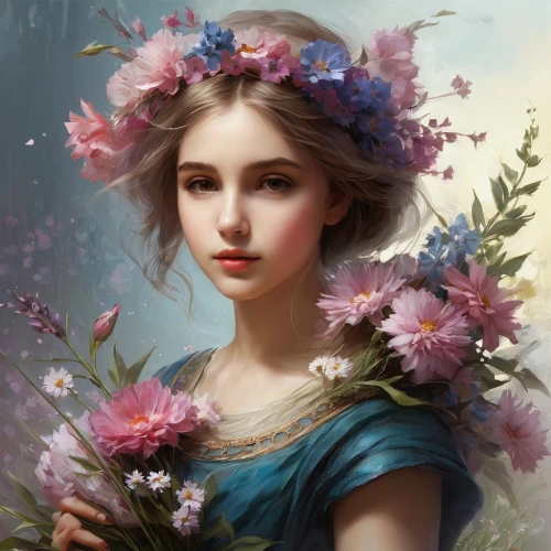 girl in flowers,beautiful girl with flowers,flower fairy,wreath of flowers,girl in a wreath,faery,blooming wreath,flower girl,mystical portrait of a girl,fantasy portrait,elven flower,spring crown,flower crown,romantic portrait,splendor of flowers,floral wreath,faerie,girl picking flowers,flora,jessamine,Conceptual Art,Fantasy,Fantasy 11