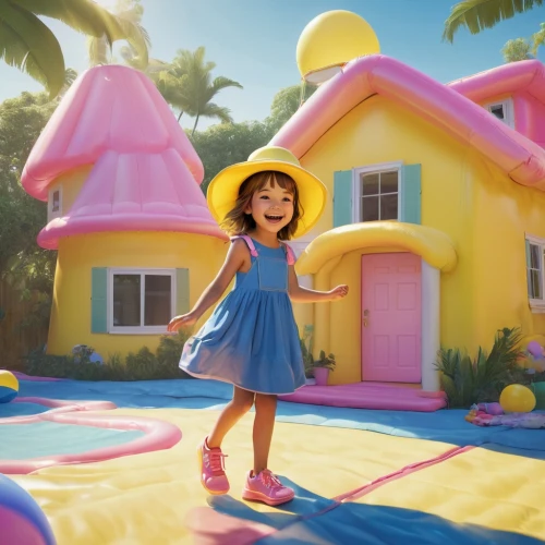 little girl in pink dress,digital compositing,little girl twirling,children's playhouse,agnes,rapunzel,a girl in a dress,princess sofia,the little girl's room,cute cartoon character,house painting,bouncing castle,playhouse,disney character,3d fantasy,rosa ' the fairy,delight island,hula,magical adventure,children's background,Illustration,Abstract Fantasy,Abstract Fantasy 04