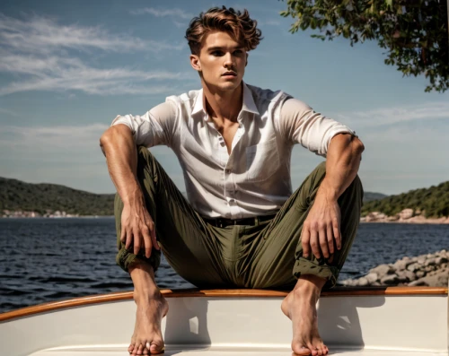 male model,brown sailor,boat operator,konstantin bow,paddler,perched on a log,men's wear,khaki pants,nautical,danila bagrov,jack rose,selva marine,lycian,alex andersee,boat,lago grey,pontoon boat,gondolier,floating on the river,man at the sea