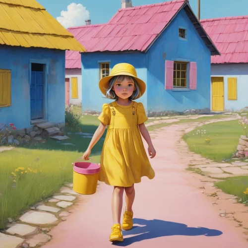 little yellow,little girl in pink dress,yellow garden,yellow purse,a girl in a dress,the little girl's room,little girl in wind,girl with bread-and-butter,little girls walking,children's background,yellow background,yellow,yellow sun hat,lemonade,heidi country,house painting,little girl with balloons,the little girl,painting technique,cute cartoon character,Illustration,Abstract Fantasy,Abstract Fantasy 04