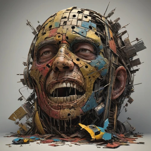 scrap sculpture,human head,sculptor ed elliott,scrap collector,plastic arts,skull sculpture,3d man,jigsaw,exploding head,scrap metal,fragmentation,png sculpture,fractalius,primitive man,paper art,death head,cybernetics,cinema 4d,mechanical puzzle,three dimensional,Conceptual Art,Fantasy,Fantasy 16