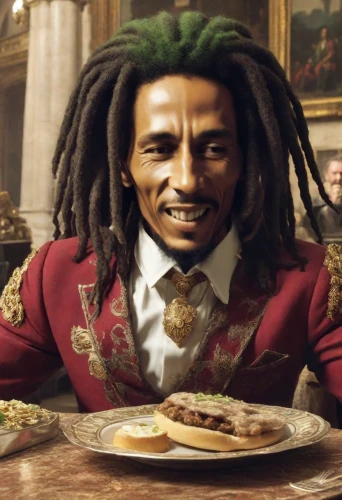 rastaman,luther burger,zuccotto,saladitos,khalifa,chief cook,bob marley,jamaican food,black businessman,chef,west indian gherkin,fine dining,appetite,vegetarian,connoisseur,enjoy the meal,split pea,cuisine,herb,pot mariogld,Photography,Realistic