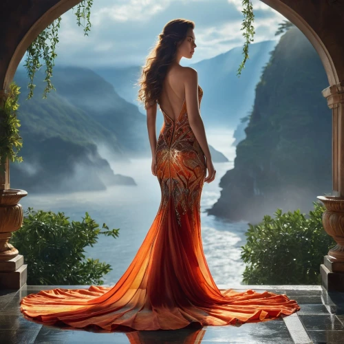 girl in a long dress,celtic woman,orange robes,fantasy picture,girl in a long dress from the back,evening dress,fantasy art,orange,celtic queen,fantasy woman,oriental princess,ball gown,sarong,long dress,accolade,saree,enchanting,red gown,aphrodite,belly dance,Photography,General,Realistic