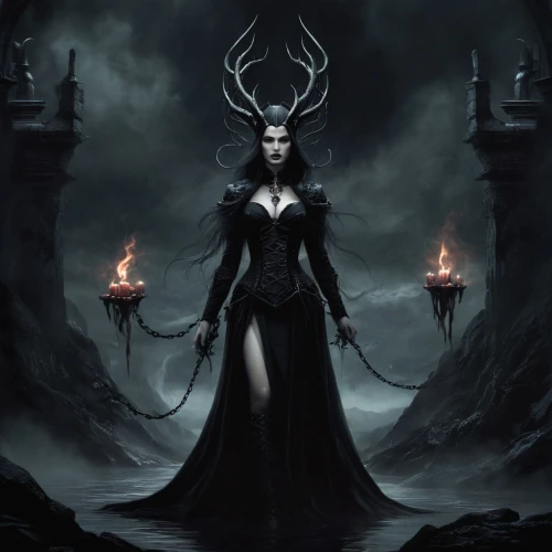 priestess,dark elf,sorceress,gothic woman,queen of the night,the enchantress,dark art,gothic portrait,evil woman,dark angel,angel of death,dark gothic mood,black candle,maiden,huntress,widow,gothic,the witch,horn of amaltheia,gothic fashion,Conceptual Art,Fantasy,Fantasy 34